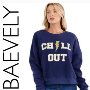 BAEVELY Wellmade Blue Embroidered Lightning Bolt Oversized Soft Sweatshirt NWT